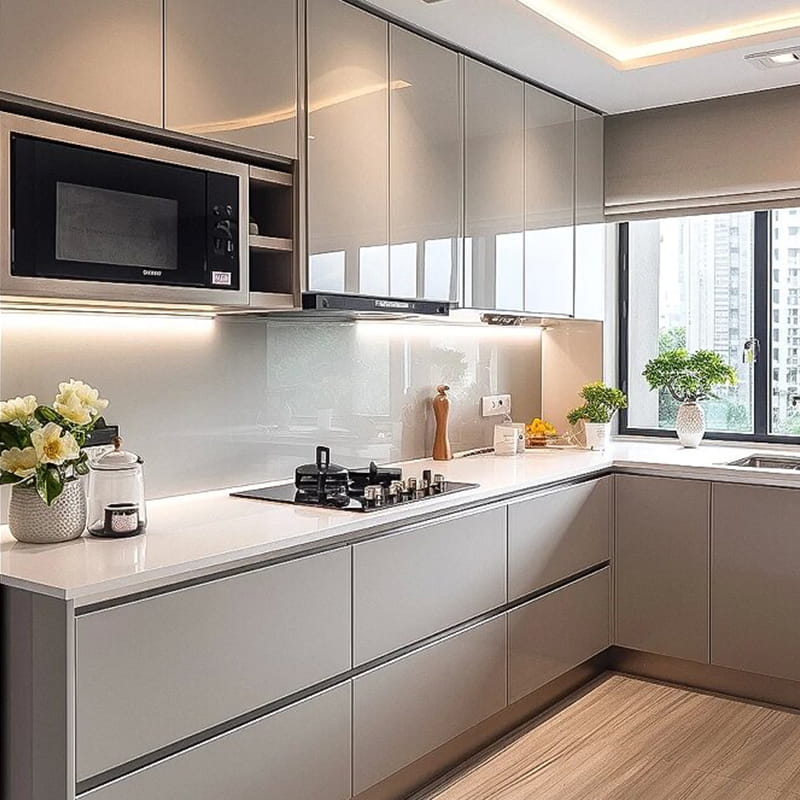 Luxuria occulta moderna Minimalist Wood Veneer & Sintered Stone Kitchen Cabinets